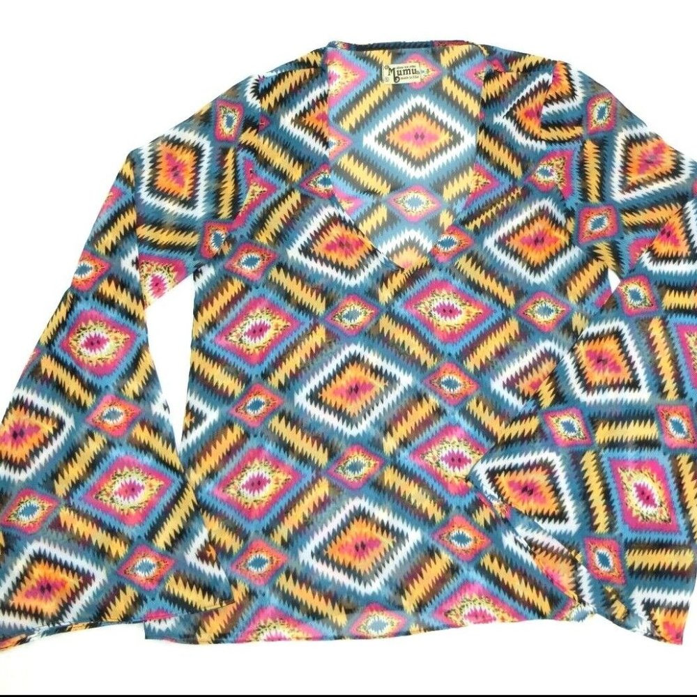 Show Me Your MuMu Women's Size Small Lizzie Aztec Bell Sleeve Sheer Blouse Boho